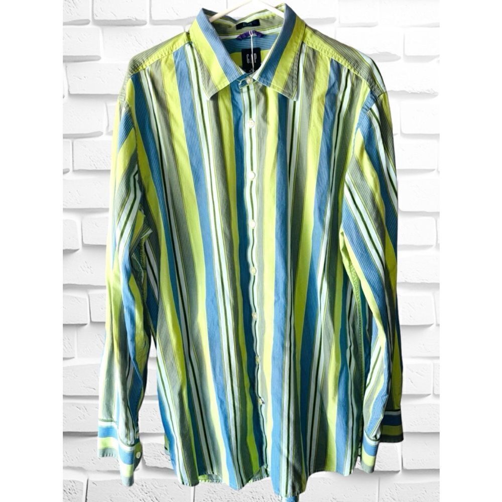 GAP Men’s Size XL Green Blue & White Striped Fitted Premium Button Down Shirt